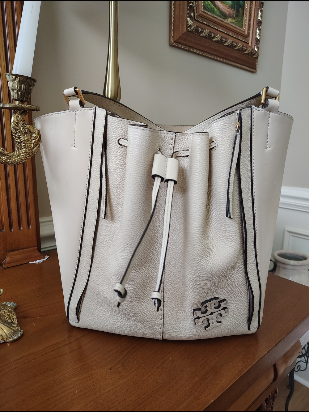 Tory Burch Ivory Drawstring Leather Bucket Bag